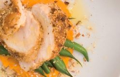 Dukkah crusted chicken breast with mashed pumpkin and green beans