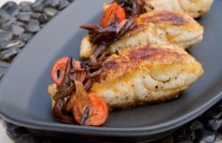 Barbecued snapper fillets with charred red onion and tomato salsa