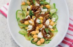 Goat fetta, chickpeas and caramelised onion salad with zucchini ribbons
