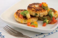 Corn, potato and spring onion fritters with fresh tomato and avocado salsa