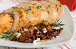 roast turkey breast roll with peach, onion and fetta salad