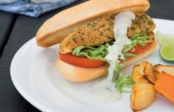 Crumbed flathead burgers with caper mayonnaise
