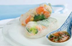 Prawn, peanut and noodle cold rolls with fresh mint and coriander